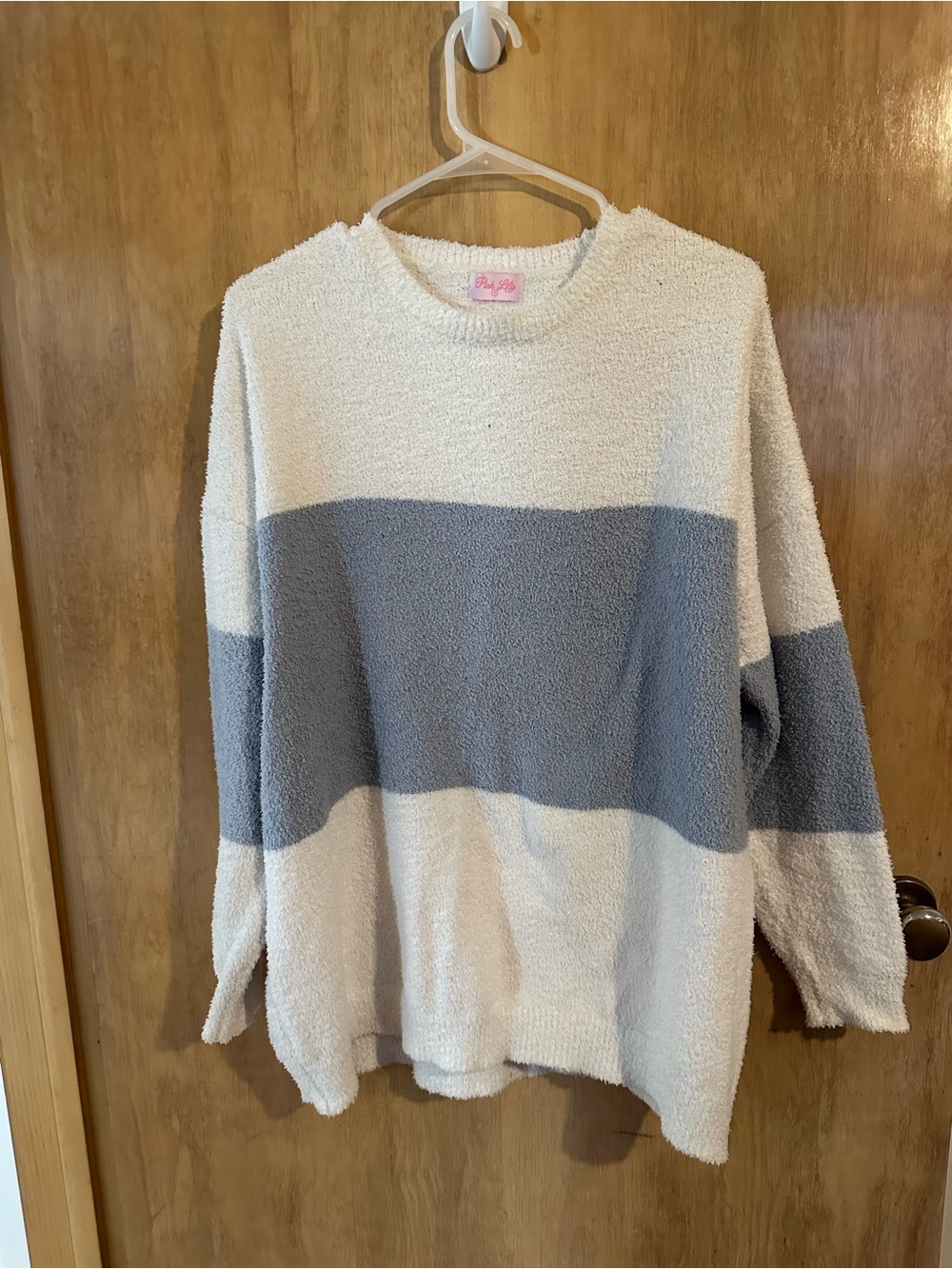 Pink Lily Cream & Gray Plush Striped Crew Sweater